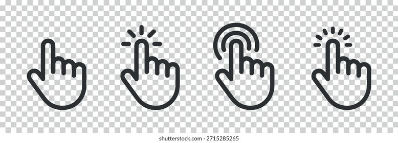Cuatro iconos de mano diferentes, mostrando gestos puntiagudos y conmovedores con un contorno negro limpio y simple.