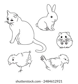 Four different hand-drawn pet animals vector drawing