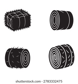 Four different hay bales with and without straw on the ends agricultural products or animal feed
