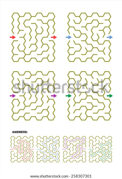 Four Different Hexagonal Shaped Maze Templates Stock Vector (Royalty