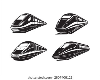 Four different highspeed trains with sleek designs shown from various angles side view