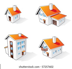 Four different houses vector icons illustration in cartoon style. Different family residential house types.