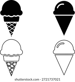 Cuatro iconos diferentes de conos de helado en blanco y negro