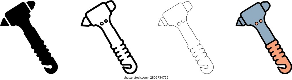 Four different icon designs of an emergency car escape safety hammer used for breaking vehicle side glass windows in emergencies