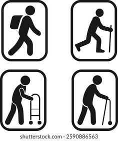 Four different icons depicting people walking with various aids.