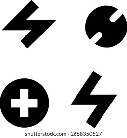 Four different icons isolated on a white background, including lightning and plus sign. The design is simple, modern, and suitable for various applications.