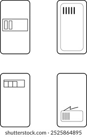 Four different icons or symbols showing the device screen and visualization of the charging system or battery. It could also be a door or a switch design.