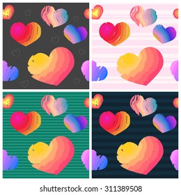Four different illustrations with hearts on colorful backgrounds