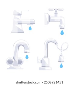 Four different illustrations of water taps leaking water drops, representing concepts like plumbing and water conservation