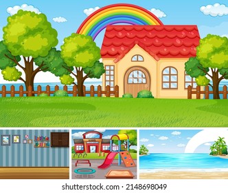 Cuatro diferentes escenas interiores y exteriores