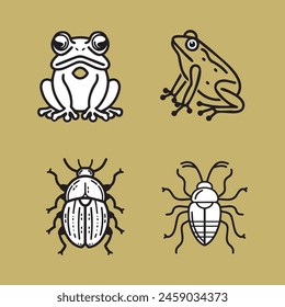 Four different insects are shown in black and white. The first insect is a frog, the second is a bug, the third is a beetle, and the fourth is a bug. The insects are all drawn in a simple