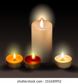four different isolated candles on a black background, vector EPS10 mesh