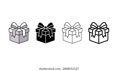 Four different isometric gift box icons with bows displayed on a clean white background