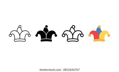 Four different jester hats with various colors and designs icons