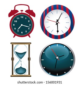 four different kind of colored clocks in white background