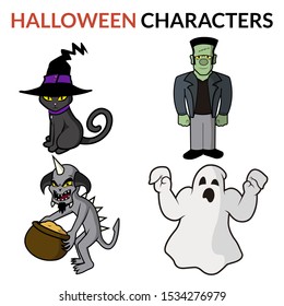 Four different kind of Halloween characters for illustrations and designs. A cat witch, a frankenstein, a monster and a ghost.