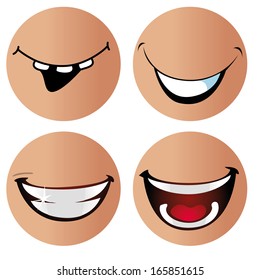 four different kind of smiles in different round faces with no eyes