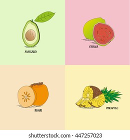 Four different kind of tropical fruits. Avocado, Guava, Pineapple, Khaki.
