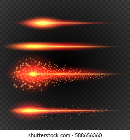 Four different kinds of burning comets, meteors. Realistic transparent light effects. Vector design element