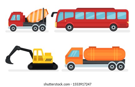 Four Different Kinds Of Urban And Industrial Transport Vehicles Vector Illustration