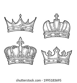 Vier verschiedene Königskronen. Gravierende Vintage-Vektorgrafik. Einzeln auf weißem Hintergrund. Handgezeichnetes Design-Element für Etiketten, Tätowierungen und Plakate