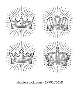 Vier verschiedene Königskronen. Gravierende Vintage-Vektorgrafik. Einzeln auf weißem Hintergrund. Handgezeichnetes Design-Element für Etiketten, Tätowierungen und Plakate