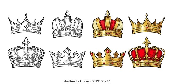 Four different king crowns. Engraving vintage vector color illustration. Isolated on white background. Hand drawn design element for label, tattoo and poster