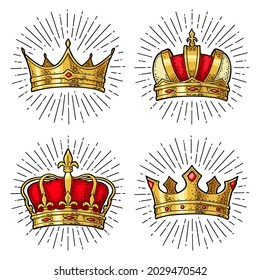 Four different king crowns with ray. Engraving vintage vector color illustration. Isolated on white background. Hand drawn design element for label, tattoo and poster