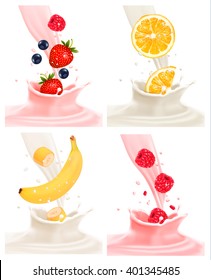 Four different labels with fruit falling into milk and yogurt. Vector.