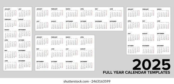 Four different layouts of full 2025 calendar templates ready to print on your products. Simple minimalistic 2025 calendar layouts design templates.