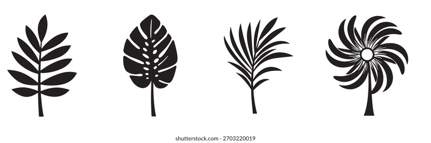 Cuatro siluetas de hojas diferentes dispuestas en una vista de fondo blanco liso. Cuatro hojas tropicales surtidas en estilo de arte de línea blanco y negro con diferentes Formas y texturas, Ilustración vectorial.