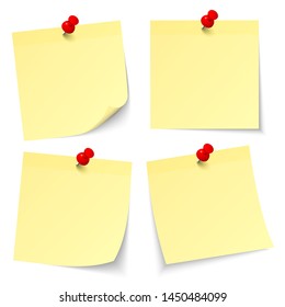 Four Different Light Yellow Sticky Notes With Red Pins