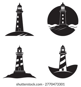 Four different lighthouse silhouettes on white background navigation aid structures iconic towers maritime guidance coastal landmarks lighthouse designs