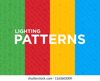 Four different lighting seamless patterns with thin line icons: bulb, LED, CFL, candle, table lamp, sunlight, spotlight, flash, candelabrum, bonfire, menorah, lighthouse. Modern vector illustration.