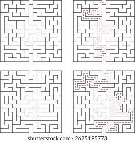 Cuatro diseños diferentes de laberintos con caminos destacados que demuestran la complejidad y los conceptos de búsqueda de soluciones