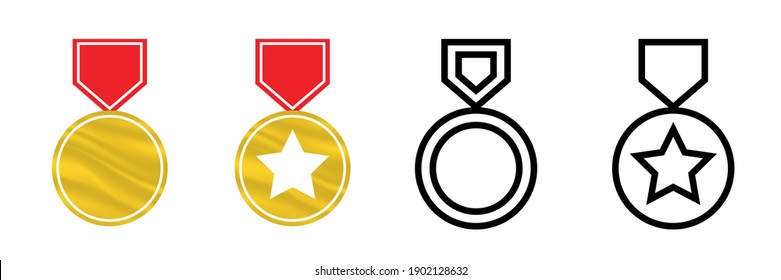 Four different medals and trophy icons. Star medal for first place, winner and award icon. Get vector icon illustration sign. Award vector icon. Modern logotype graphic line art design icons.