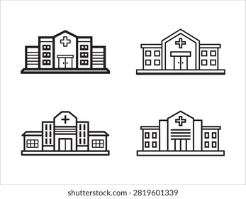 Four Different Medical Facility Building Icons with Cross Symbols