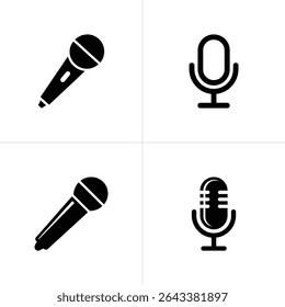Quatro ícones de microfone diferentes são colocados contra um fundo branco, cada um exibindo um design exclusivo, com dois microfones portáteis e dois designs de pé.