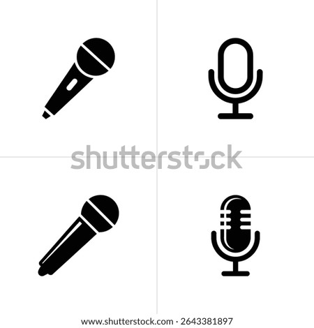 Four different microphone icons are set against a white background, each displaying a unique design, with two featuring handheld mics and two standing designs.