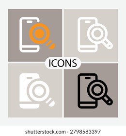 Four different mobile phone icons each featuring a magnifying glass search symbol in flat design