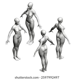 Four different models of a woman are shown in a white background. The models are all the same size and pose in different positions. Scene is one of uniformity and consistency. 3D. Isometric view