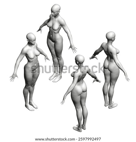 Four different models of a woman are shown in a white background. The models are all the same size and pose in different positions. Scene is one of uniformity and consistency. 3D. Isometric view