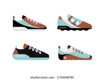 Four different modern trainers. Blue, brown, black and grey isolated on a white background Running Shoes vector designs. Casual and sportive sneakers. 