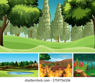Four different natural disaster scenes of forest cartoon style illustration