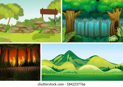 Four different natural disaster scenes of forest cartoon style illustration
