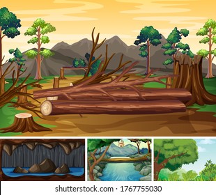 Cuatro diferentes escenas de desastres naturales del estilo de dibujos animados forestales