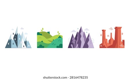 Four different natural landscapes featuring snowy mountains, green hills, purple mountains, and a desert canyon.