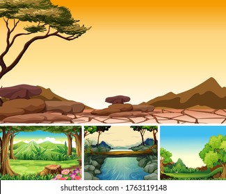 Four different nature disasters scene of forest cartoon style illustration