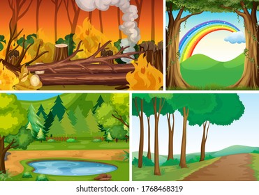 Four different nature disasters scene of forest cartoon style illustration