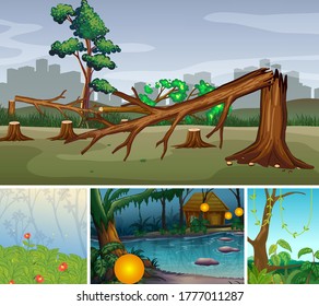 Four different nature disasters scene of forest cartoon style illustration